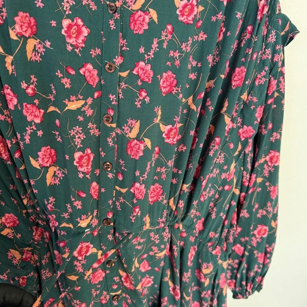 Free People Flower Fields Mini Dress Green Floral Boho Long Sleeve Sz M Flowy